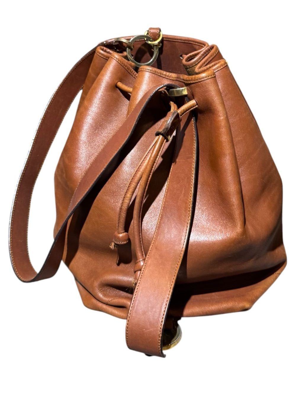 Salvatore Ferragamo Cognac Brown Leather Drawstring Bucket Bag Auth